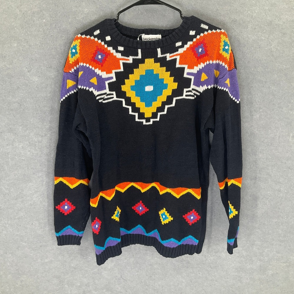 Breckenridge Vintage 90s Sweater M‎ Black Colorful Aztec Geometric Southwestern